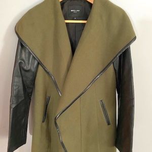 Wool Army Green Kimono Style Coat With Faux Leather Sleeves